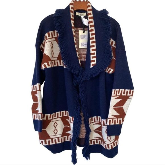 NWT COCOGIO MADE IN ITALY WOOL BLEND AZTEC BOHEMIAN FRINGED LONGLINE SWEATER M - Picture 1 of 8